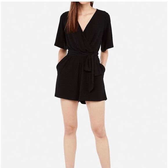 ✨express flutter sleeve black button down belted romper✨ - Picture 1 of 5